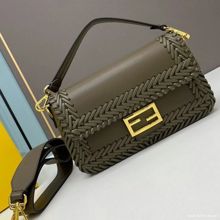 Cheap Bag Baguette Stitching Leather Fendi Medium In Green 0729